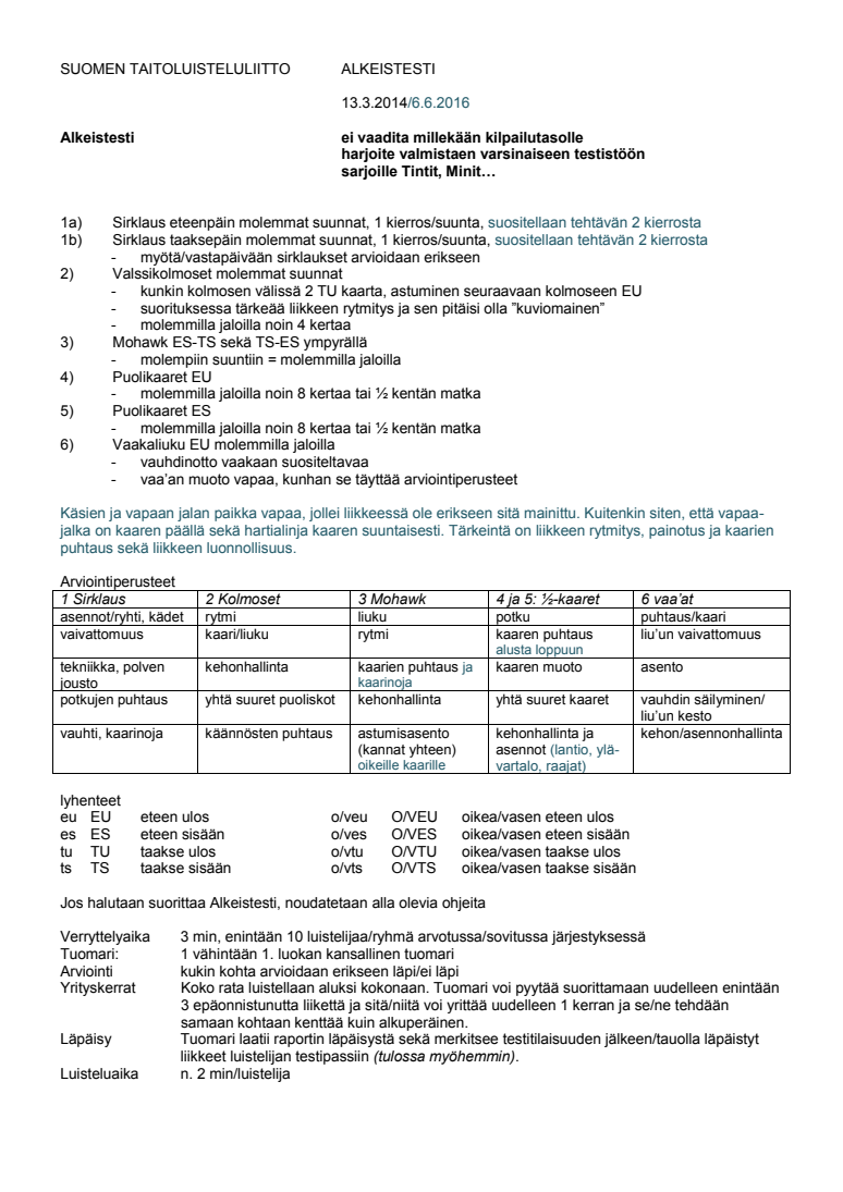 Alkeistesti rata ja arviointiohjeet · retained club-use material original page 1